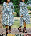 Plus size geometric shirt dress in blue/white, long sleeves, midi length