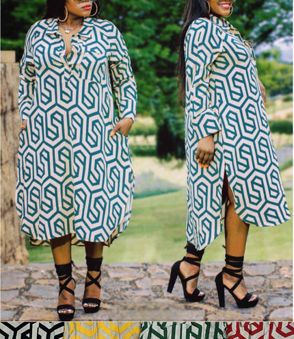 Plus size geometric shirt dress in blue/white, long sleeves, midi length