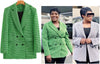 Double-Breasted Houndstooth Blazer with Notched Lapel and Flap Pockets
