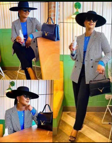 Black-and-white houndstooth double-breasted blazer with long sleeves