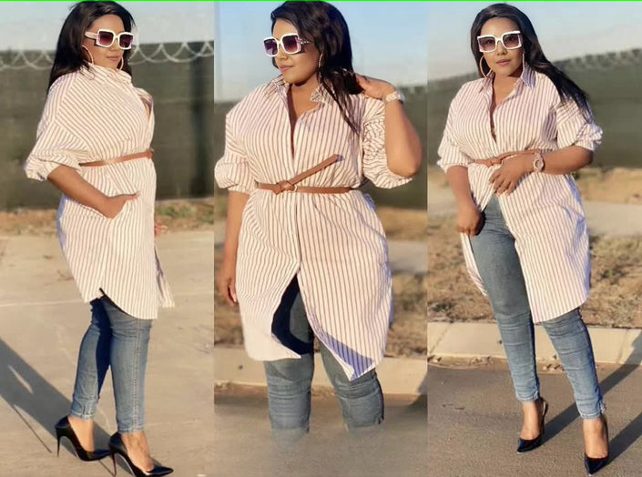 Asymmetrical striped shirt, cream with vertical stripes, short sleeves, button front