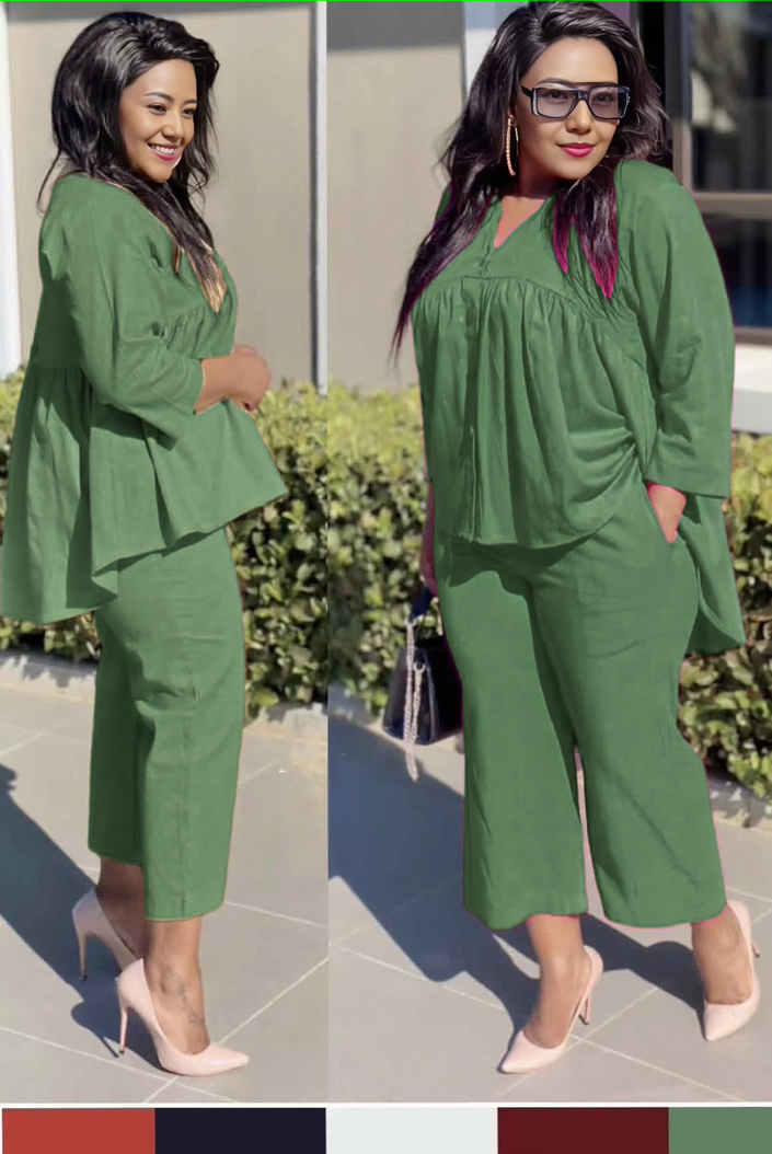 Cropped trousers twin set with babydoll top, deep pink, comfort fit