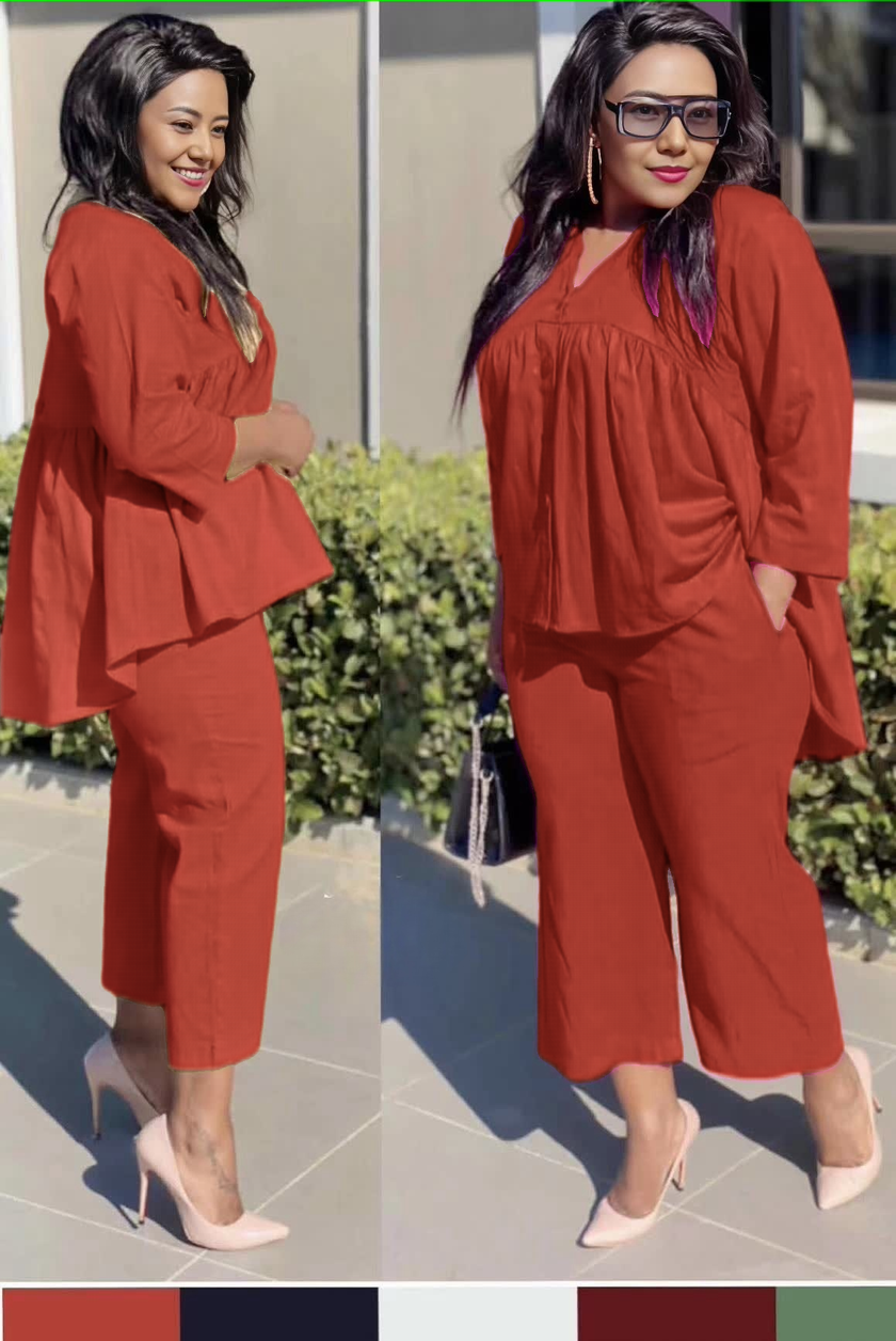 Cropped trousers twin set with babydoll top, green, comfort fit