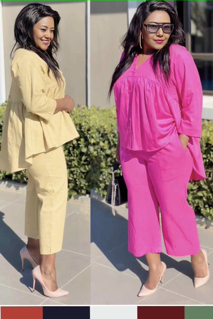 Women’s Gathered Blouse and Straight-Leg Cropped Trousers Set