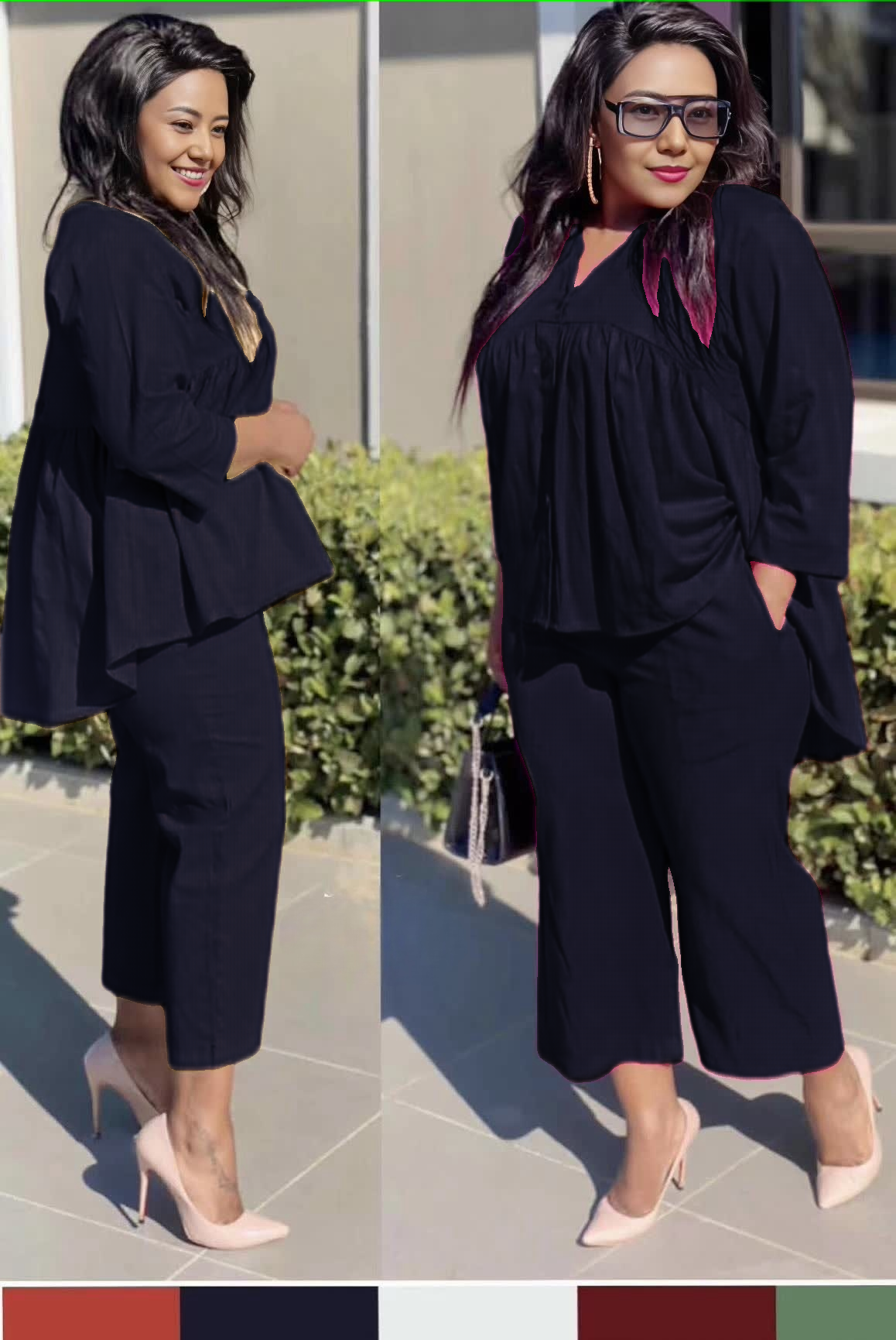 Cropped trousers twin set with babydoll top, black, comfort fit