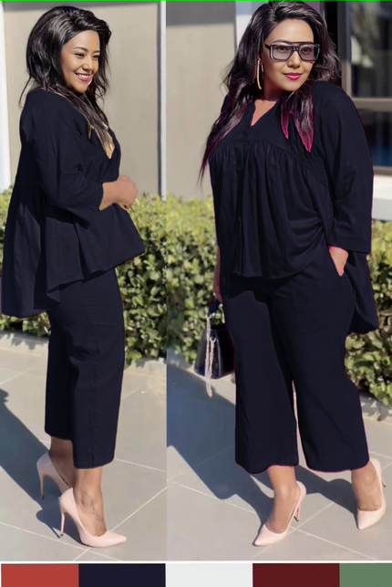 Cropped trousers twin set with babydoll top, black, comfort fit
