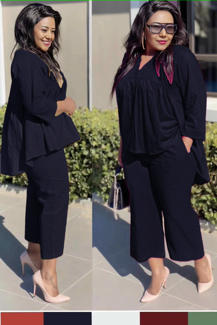 Cropped trousers twin set with babydoll top, black, comfort fit