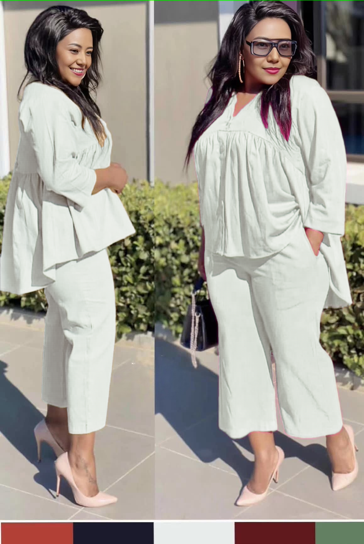 Cropped trousers twin set with babydoll top, white, comfort fit