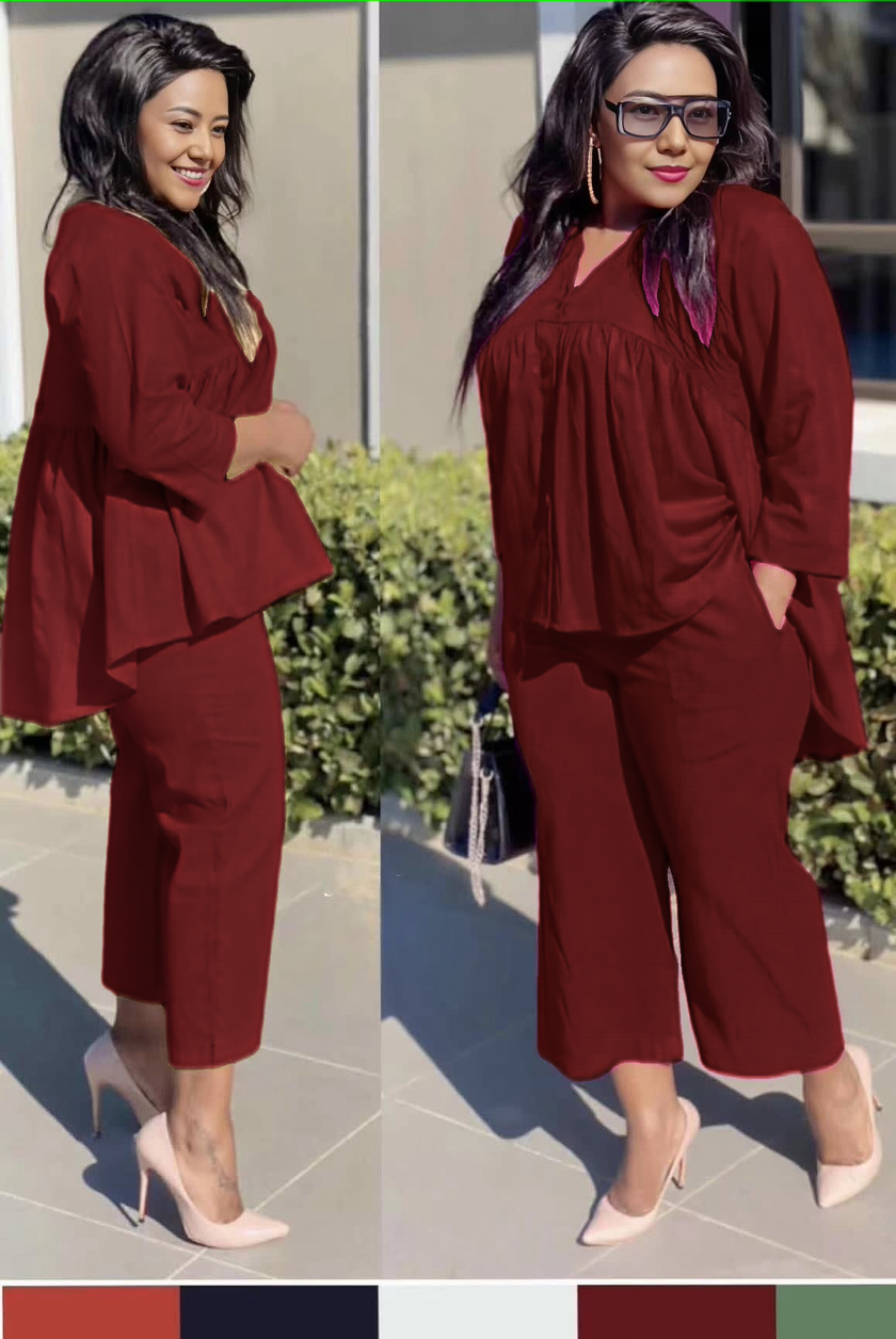 Cropped trousers twin set with babydoll top, maroon, comfort fit