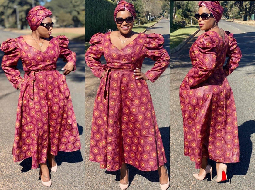 V-Neck Belted Flare Dress with Circular Motif Pattern