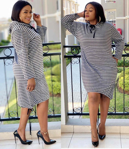 Long Sleeve Houndstooth Dress with Knee-Length Hem and Tie-Neck Detail