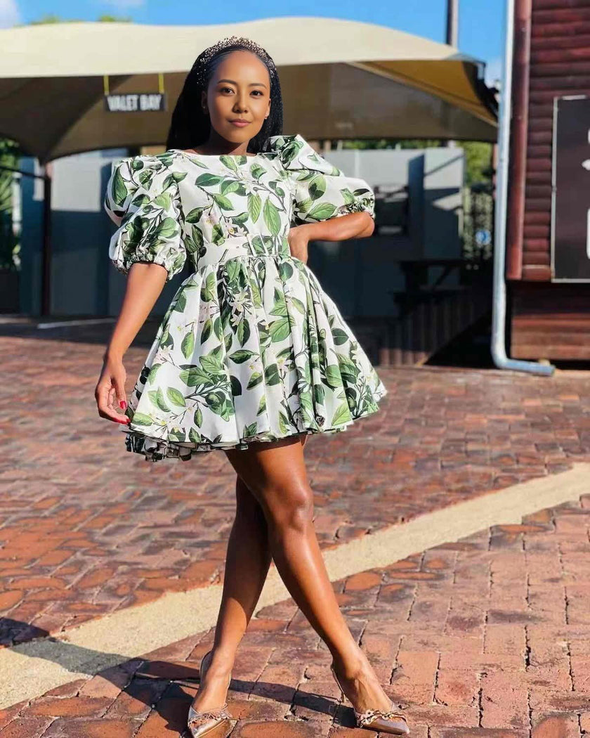 Leaf print mini dress with puff sleeves, A-line skirt, gathered waist, white and green