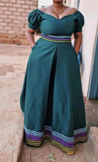 Traditional Ethnic Puff-Sleeve Dress with Square Neckline and Patterned Hem Trim