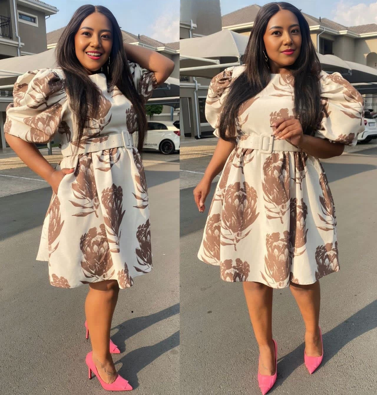 Floral puff-sleeve dress with cinched waist, beige with brown leaf print