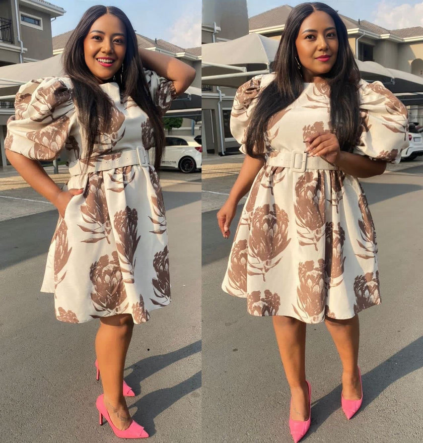 Floral puff-sleeve dress with cinched waist, beige with brown leaf print
