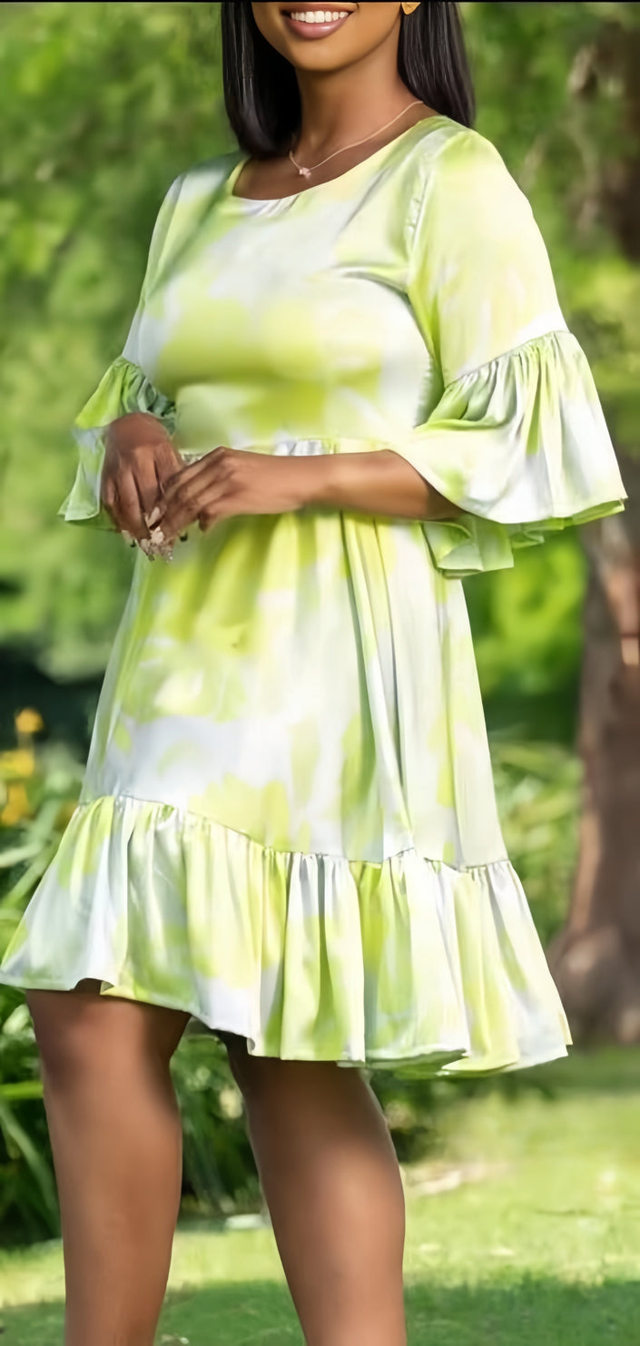 Light green ruffle mini dress with tiered skirt and flared short sleeves