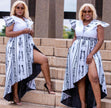 V-Neck Ruffle Sleeve Asymmetrical Hemline Figurative Pattern Dress