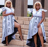 V-Neck Ruffle Sleeve Asymmetrical Hemline Figurative Pattern Dress