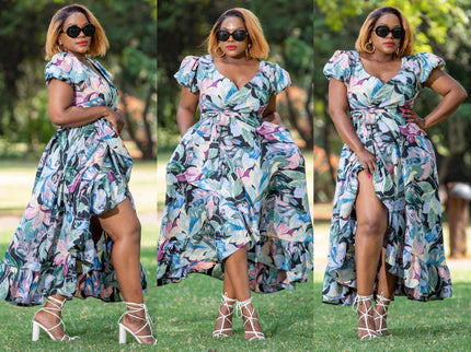 Floral Print V-Neck A-Line Dress with Flutter Sleeves and Ruffled High-Low Hem