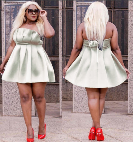 Sage green strapless pleated mini dress with sweetheart neckline