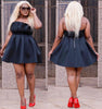 Navy strapless pleated mini dress with fitted bodice and back tie string