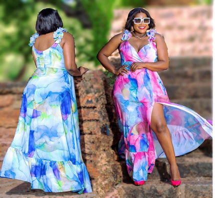 Sky-blue floral maxi dress with ruffle straps and tiered high-low hem