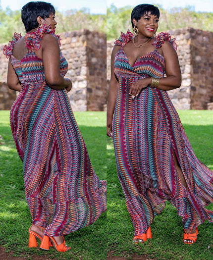 Striped ruffle maxi dress with V-neck, sleeveless bodice and flowing skirt