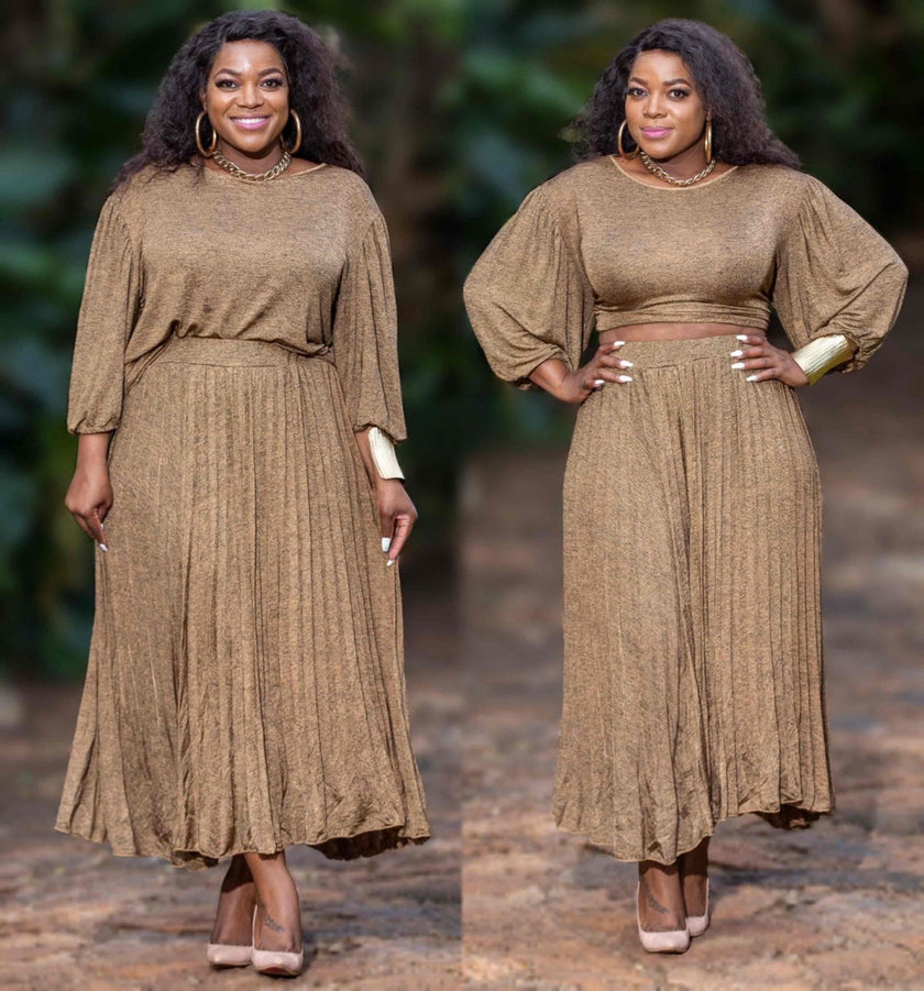 Pleated midi skirt and puff-sleeve top twin set in brown, elastic waist