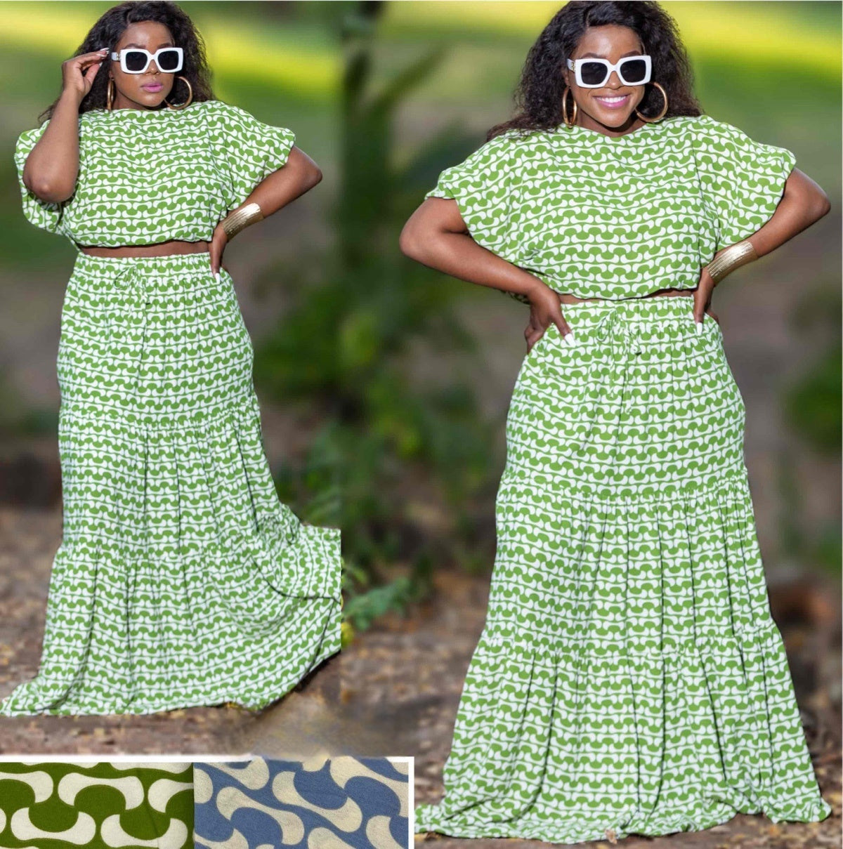 Geometric print crop top and maxi skirt set, green and white, two-piece