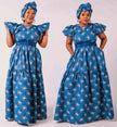 Floral puff-sleeve maxi dress in blue with belt, cinched waist.