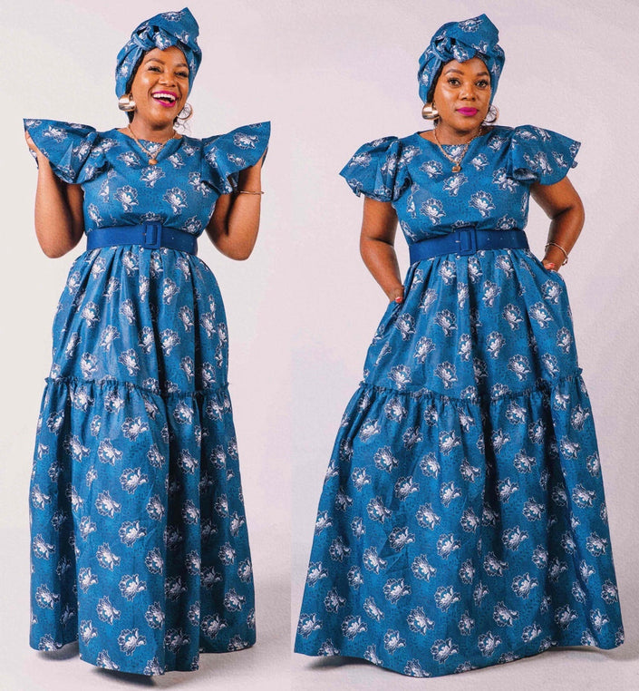 Floral puff-sleeve maxi dress in blue with belt, cinched waist.