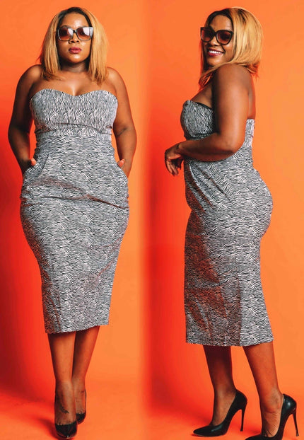 Geometric strapless midi bodycon dress, gray with textured pattern