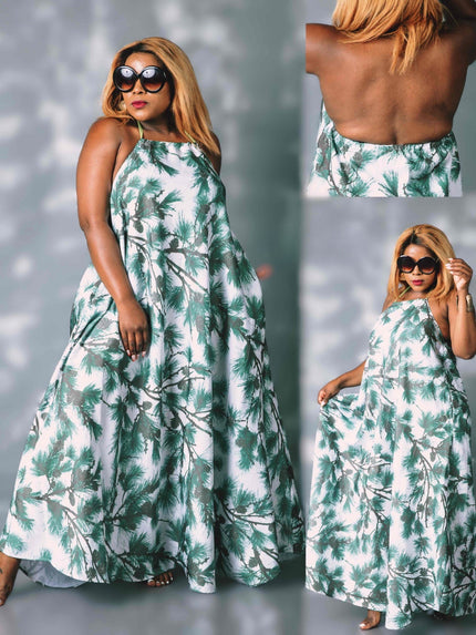 Botanical Pattern Sleeveless Flowy Dress
