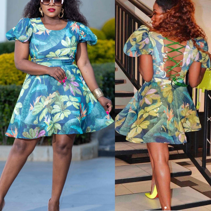 Blue floral puff sleeve dress with flared skirt and crew neckline
