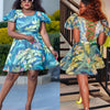Floral Print Short Sleeve Cinched Waist Flared Dress with Lace-Up Back