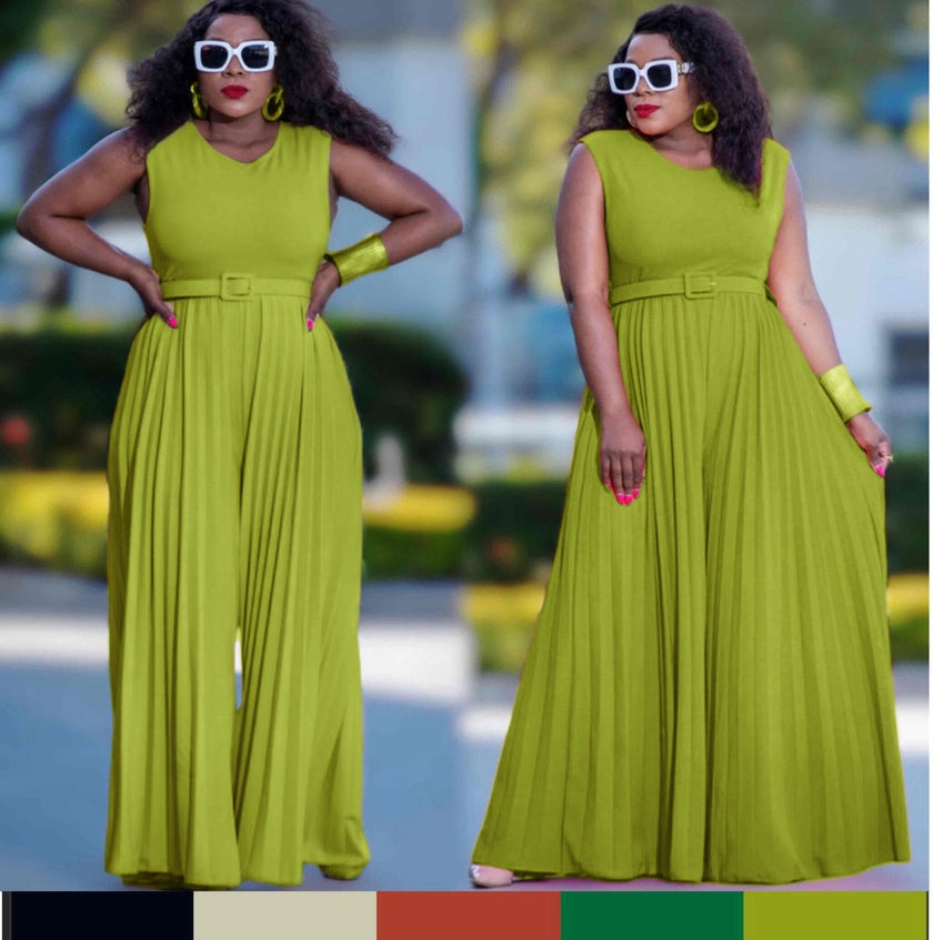Sleeveless pleated wide-leg jumpsuit with adjustable waist, lime green