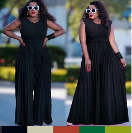 Sleeveless pleated wide-leg jumpsuit with adjustable waist, black
