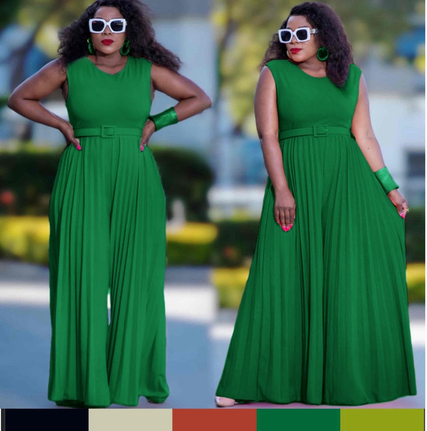 Sleeveless pleated wide-leg jumpsuit with adjustable waist, dark green