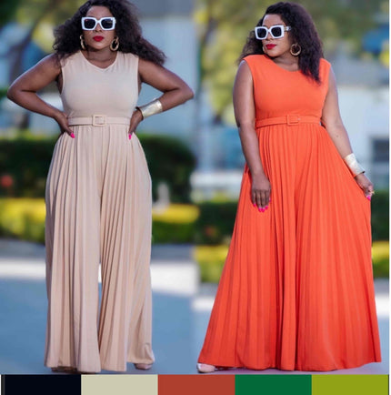 Sleeveless pleated wide-leg jumpsuit with adjustable waist, beige or orange