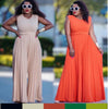 Sleeveless pleated wide-leg jumpsuit with adjustable waist, beige or orange
