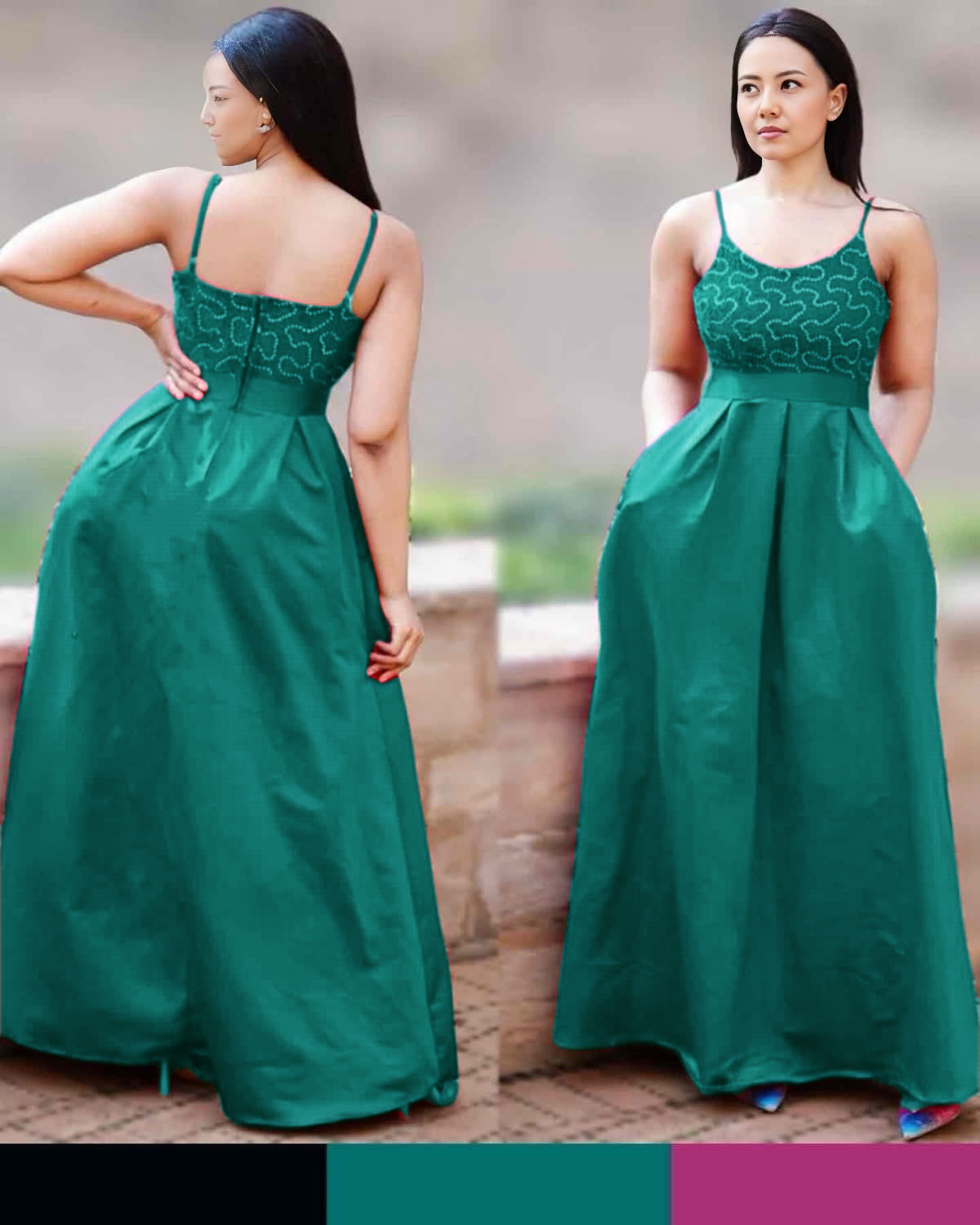 Teal maxi dress with thin straps, patterned corset bodice, and gathered full skirt