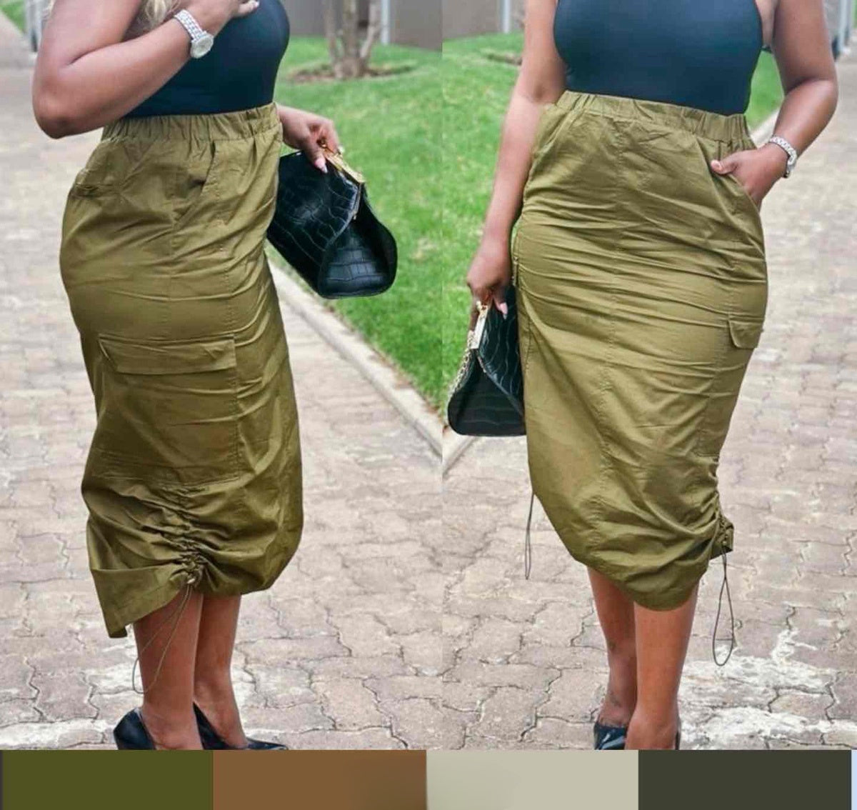 Adjustable midi skirt in olive green, side drawstring, cargo pockets