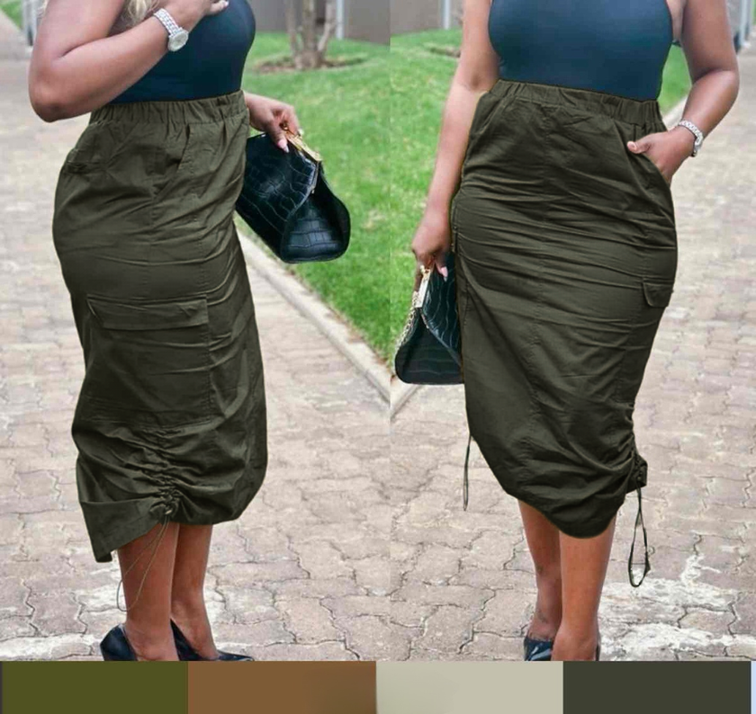 Adjustable midi skirt in dark olive, side drawstring, cargo pockets