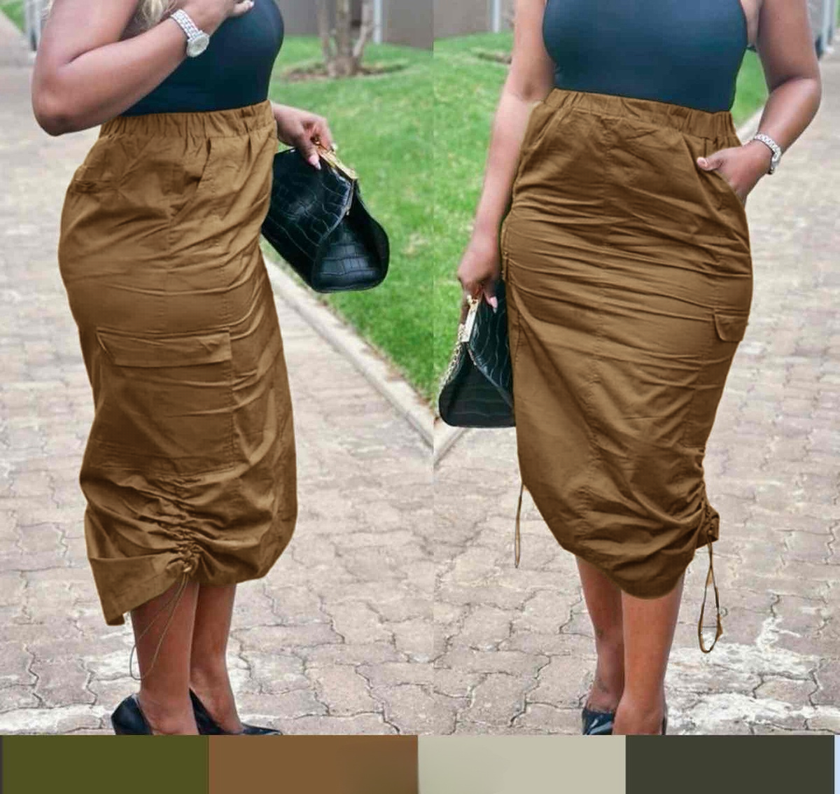 Adjustable midi skirt in brown, side drawstring, cargo pockets
