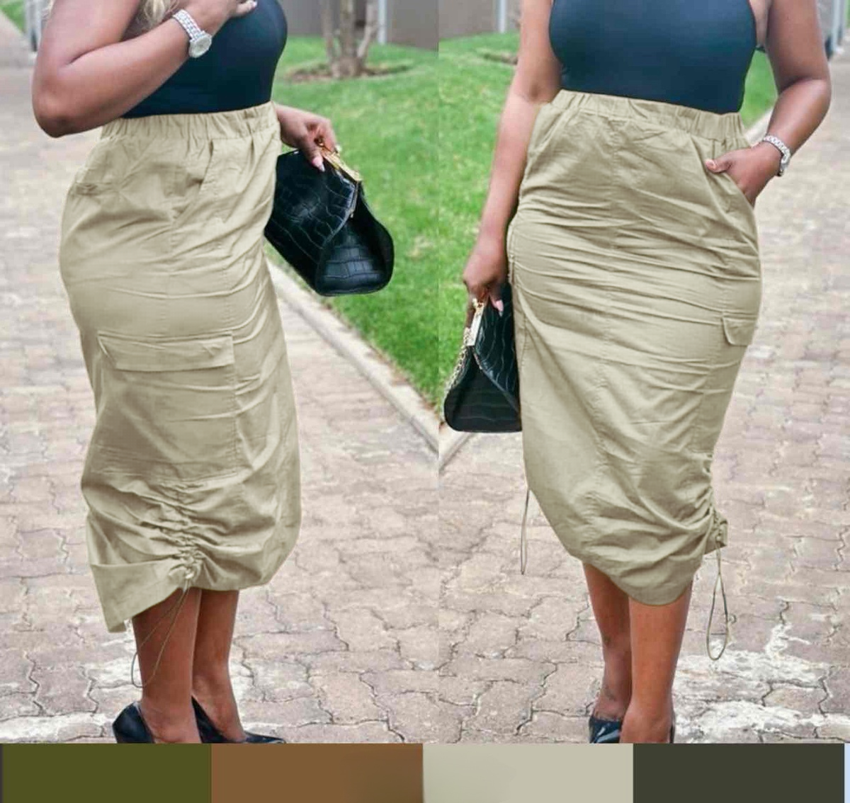 Side Drawstring Gathered Midi Skirt