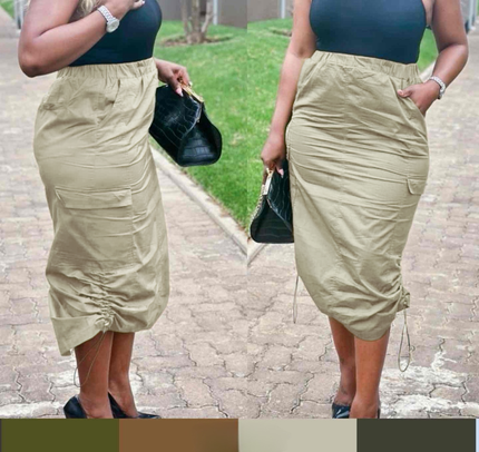 Side Drawstring Gathered Midi Skirt