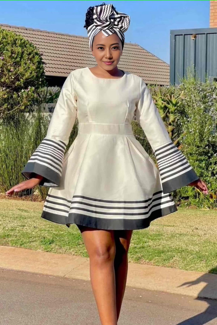 Flared Skirt Dress with Horizontal Hem Stripes and Bell Sleeves