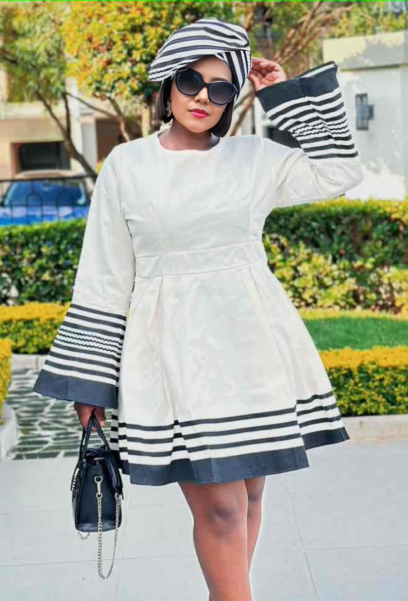 Flared Skirt Dress with Horizontal Hem Stripes and Bell Sleeves