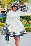 White flared stripe dress with black-and-white striped bell sleeves