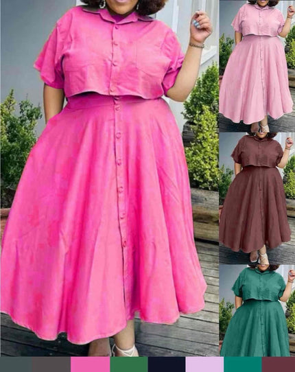 Midi dress with flared skirt, pink button-up bodice and short sleeves